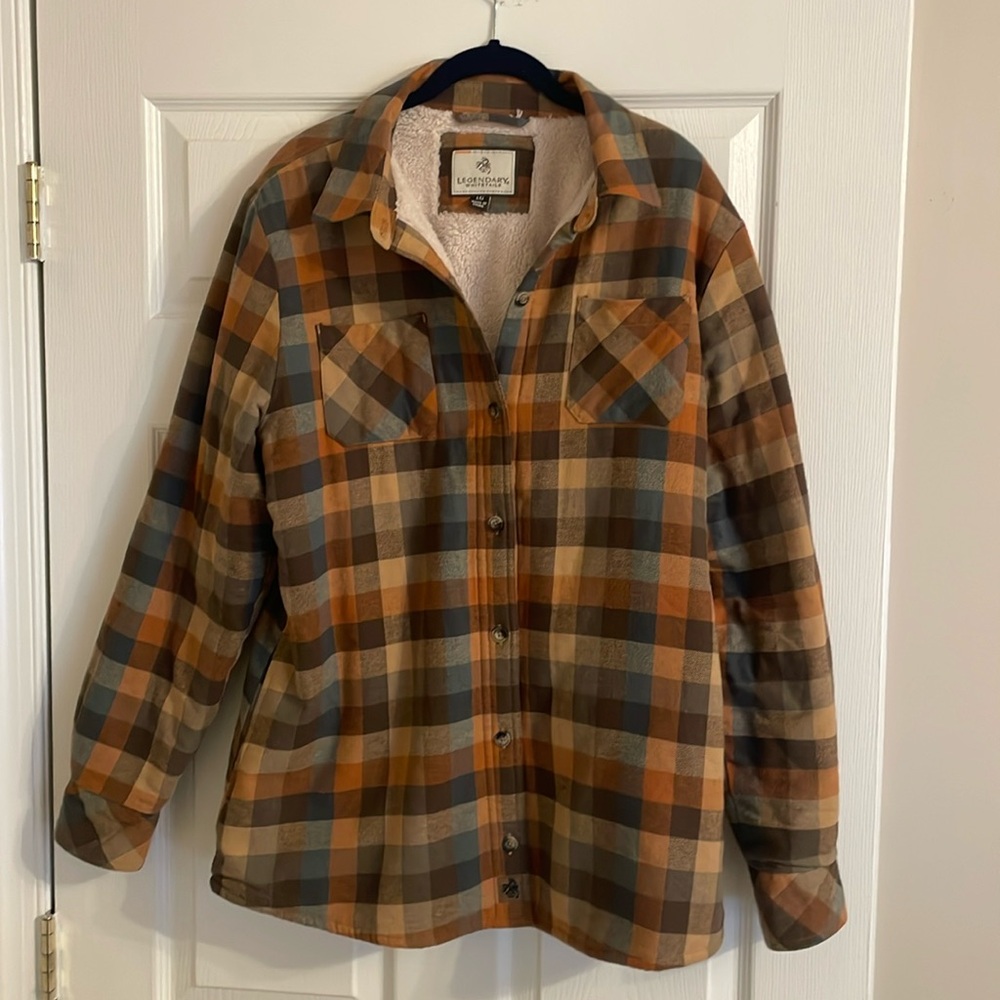 Shacket- tan, orange, brown, blue, grey plaid size LARGE